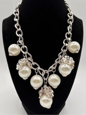 Chunky Pearl Necklace Coquette Glam Statement Silver Chain